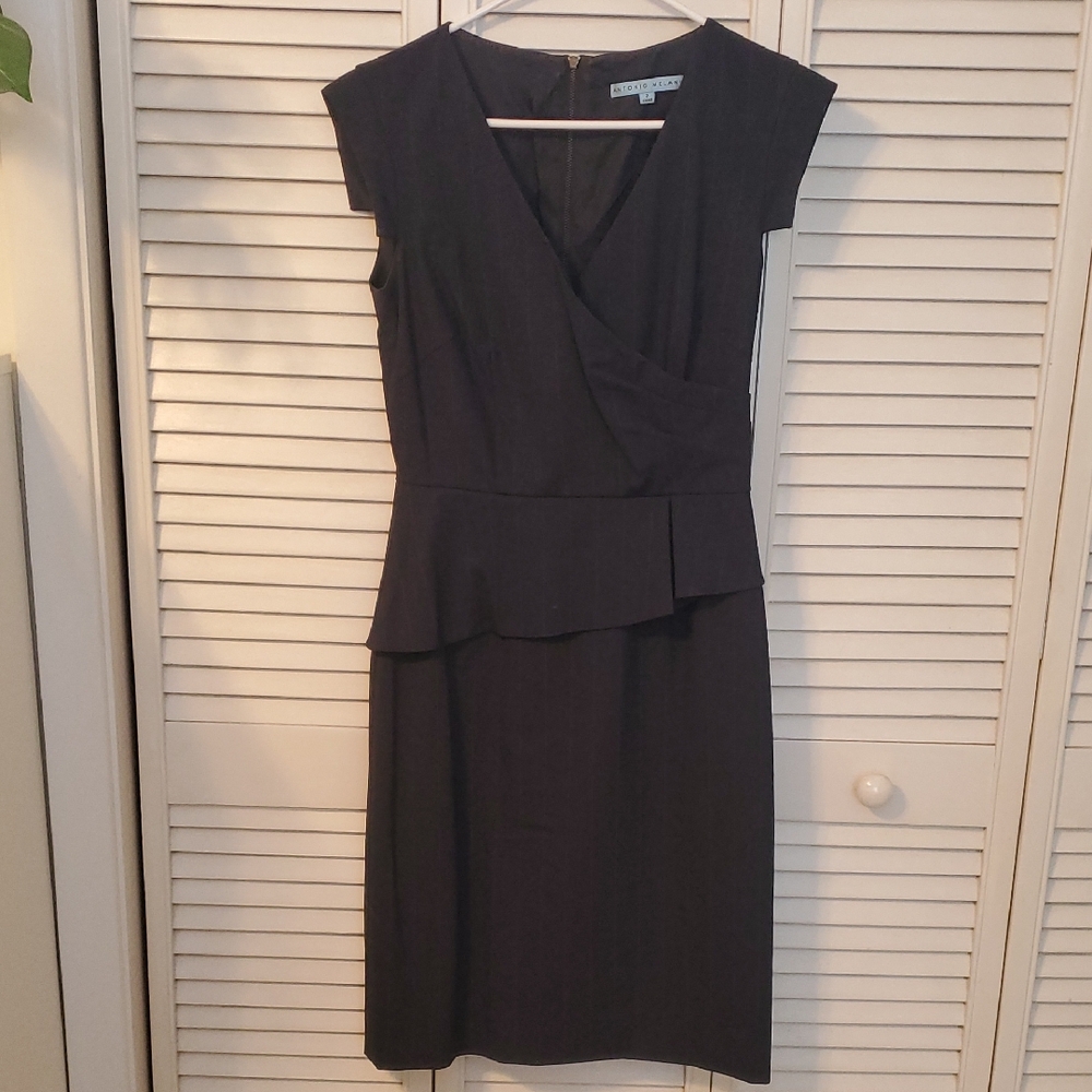 ANTONIO MELANI Navy Pinstripe Asymmetrical Peplum Pencil Dress Cap Sleeves 2
